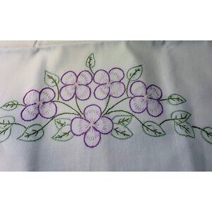 Hand Embroidered Floral Pillowcase Set of 2 Vintage Lavender Green Floral Design